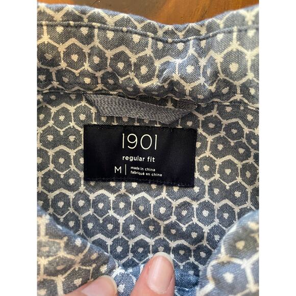 1901 Mens Medium Polo Short Sleeve Button Down All Cotton Regular Blue White - Picture 3 of 12